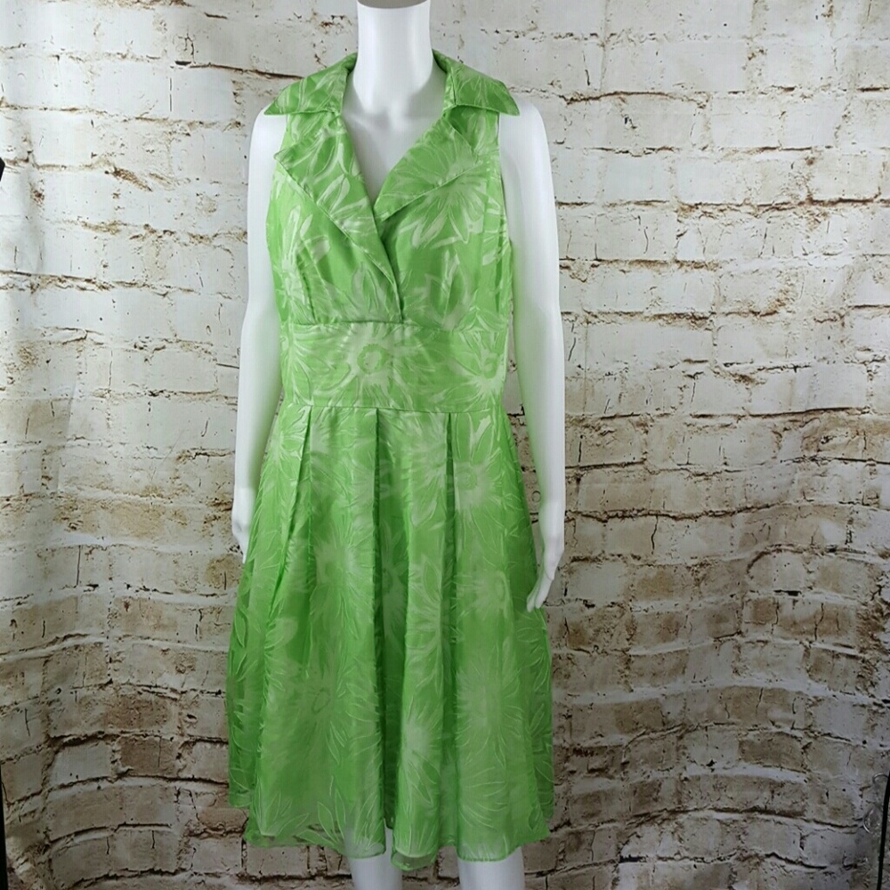 Kay Unger Light Green Floral Midi Dress